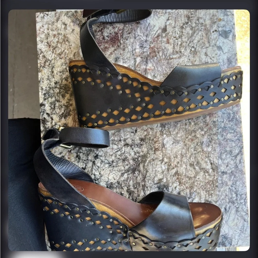 Ash Vanina Wooden and Leather Wedge Sandals